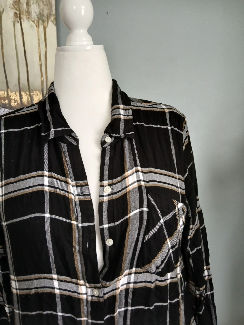 Lucky Brand Black Plaid Button-Down Shirt with White and Tan Stripes